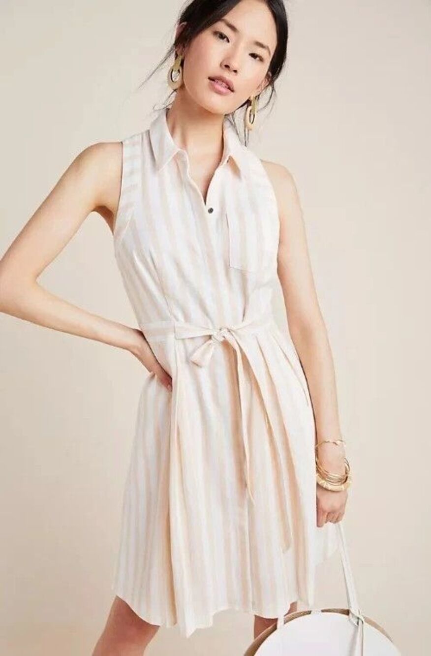 BY ANTHROPOLOGIE Peach Striped Billie Linen Button Shirtdress Preppy SIZE 4